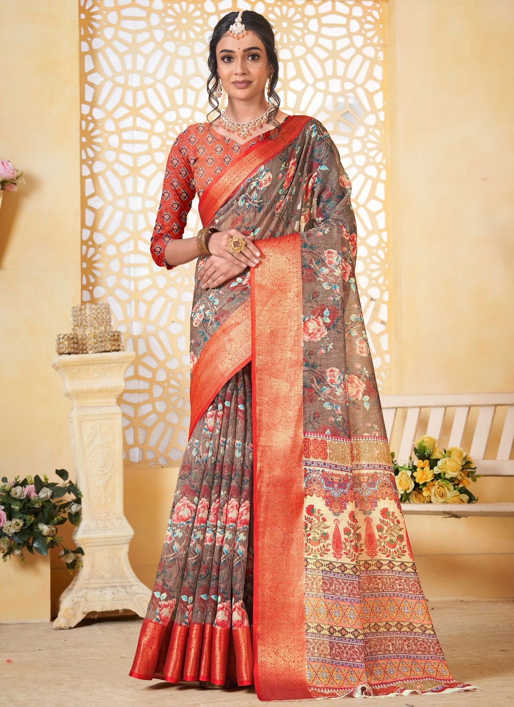 Digital Print Linen Brown Saree S14709