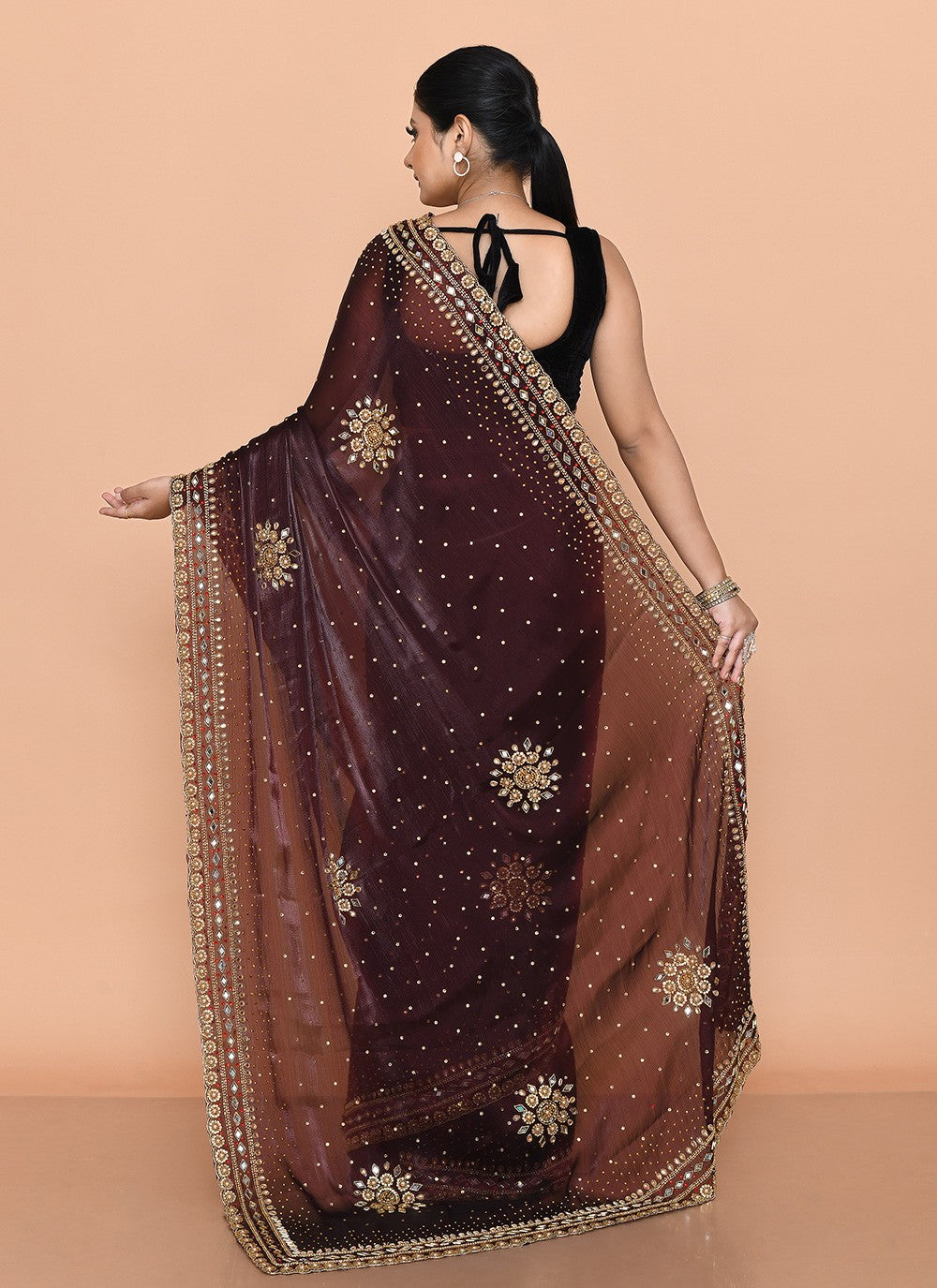 Trendy Saree Hand Embroidery Brown Jimmy Chu Saree S13146