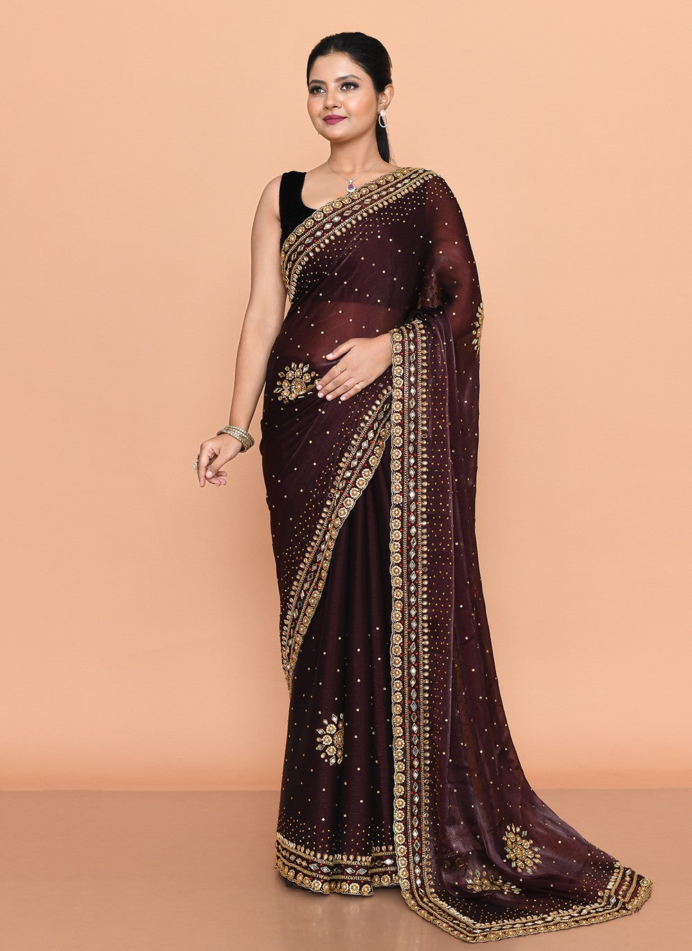 Trendy Saree Hand Embroidery Brown Jimmy Chu Saree S13146