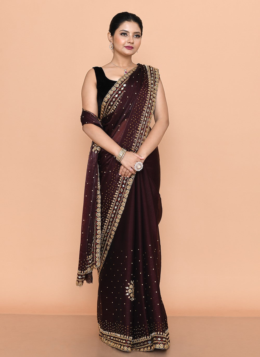 Trendy Saree Hand Embroidery Brown Jimmy Chu Saree S13146
