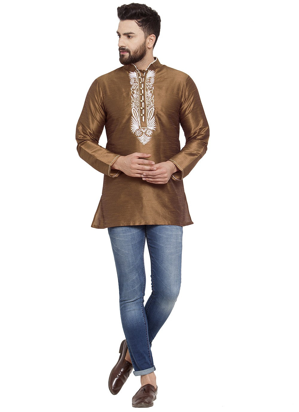Machine Embroidery Dupion Silk Brown Short Kurta - M5732