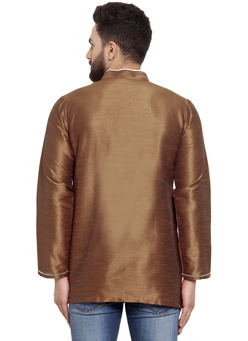Machine Embroidery Dupion Silk Brown Short Kurta - M5732