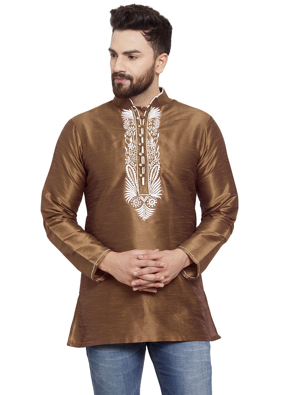 Machine Embroidery Dupion Silk Brown Short Kurta - M5732