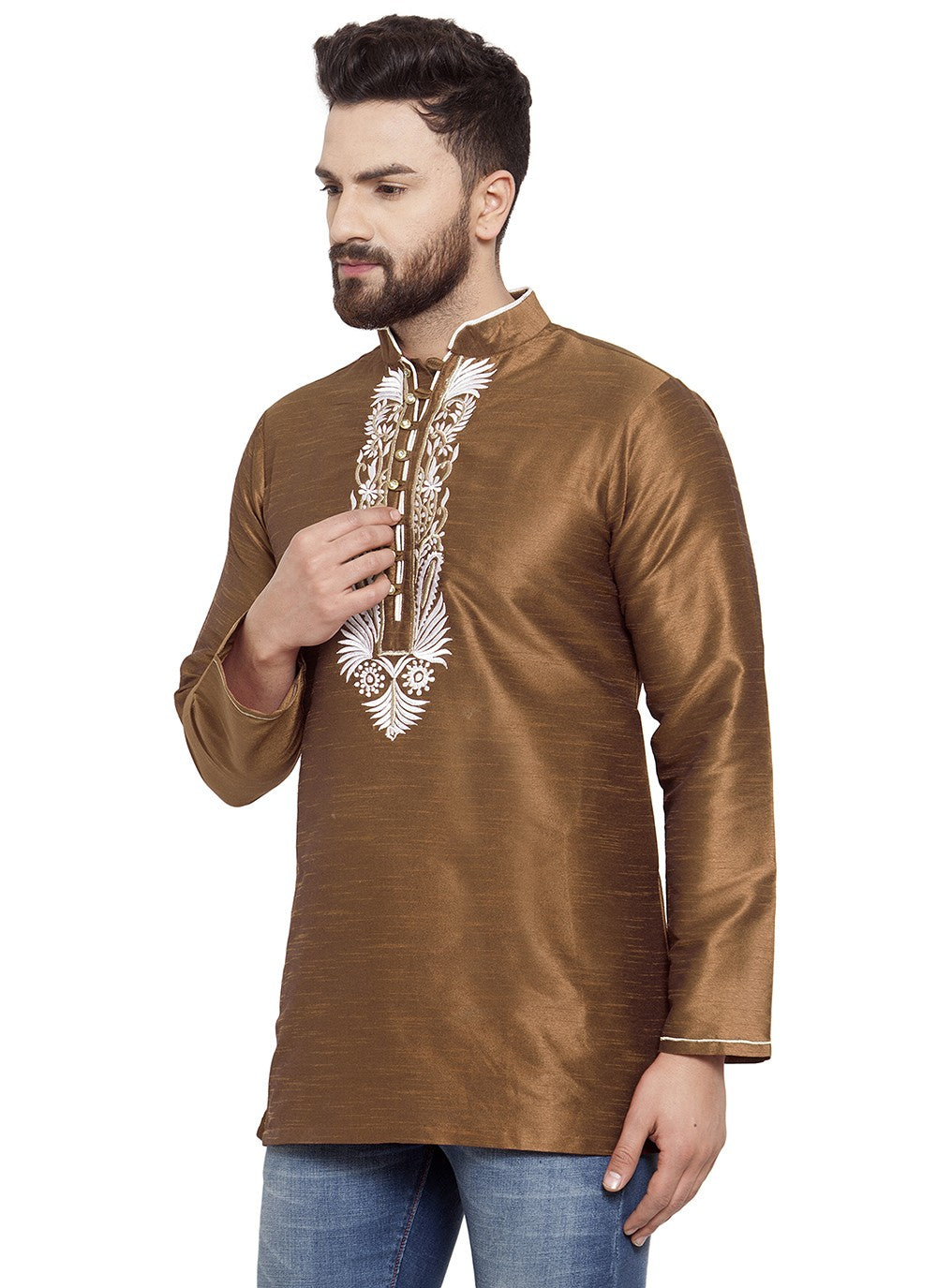 Machine Embroidery Dupion Silk Brown Short Kurta - M5732