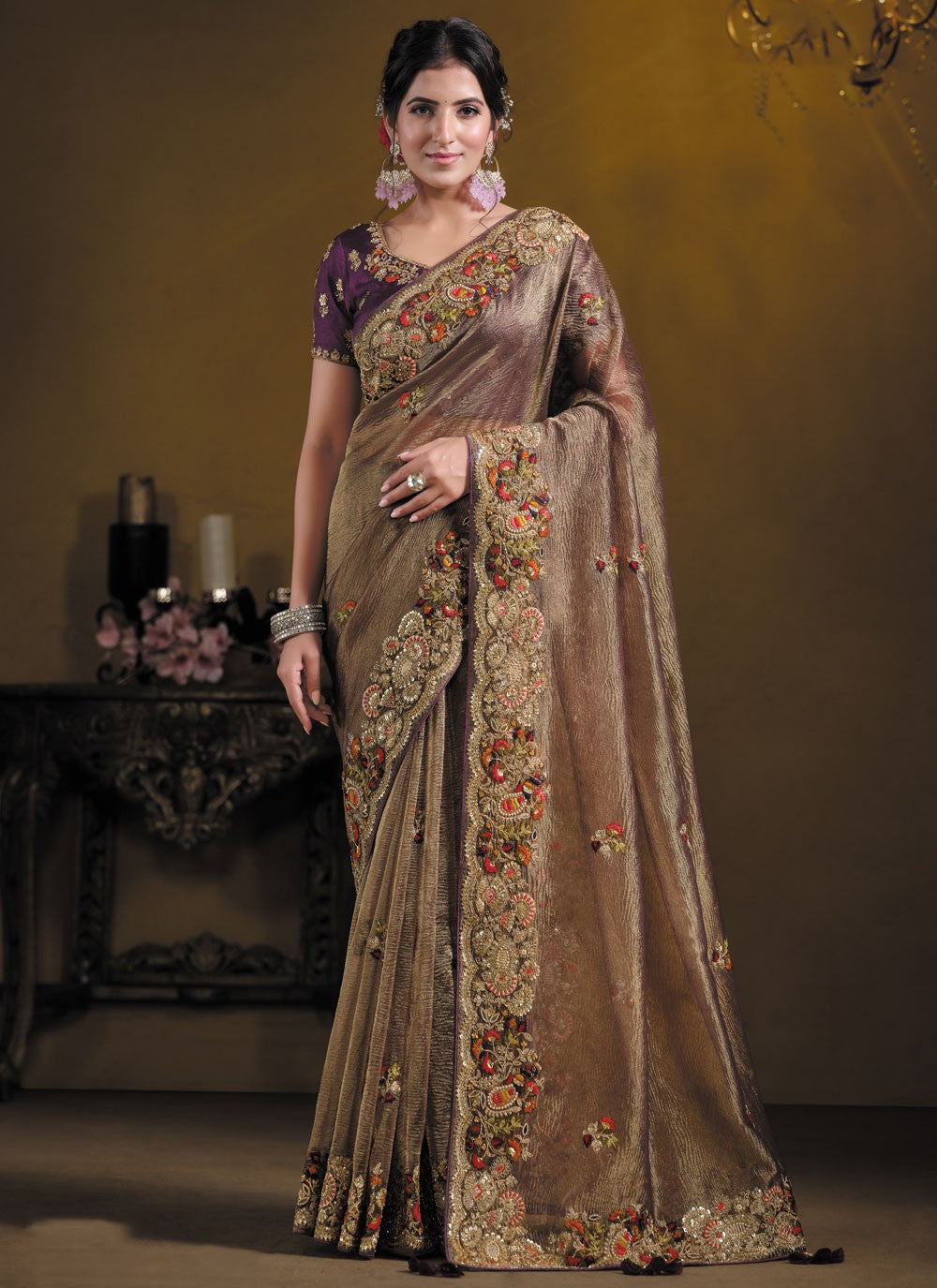 Designer Aari Work Brown Banarasi Silk S12628