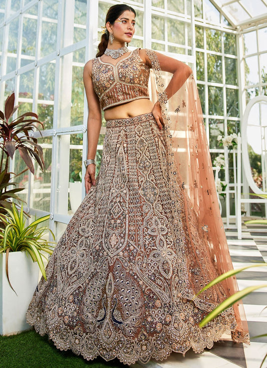 Beads Net Brown Lehenga - L3374