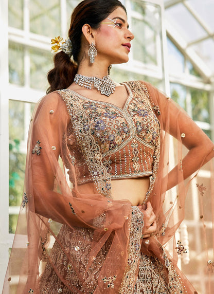 Beads Net Brown Lehenga - L3374