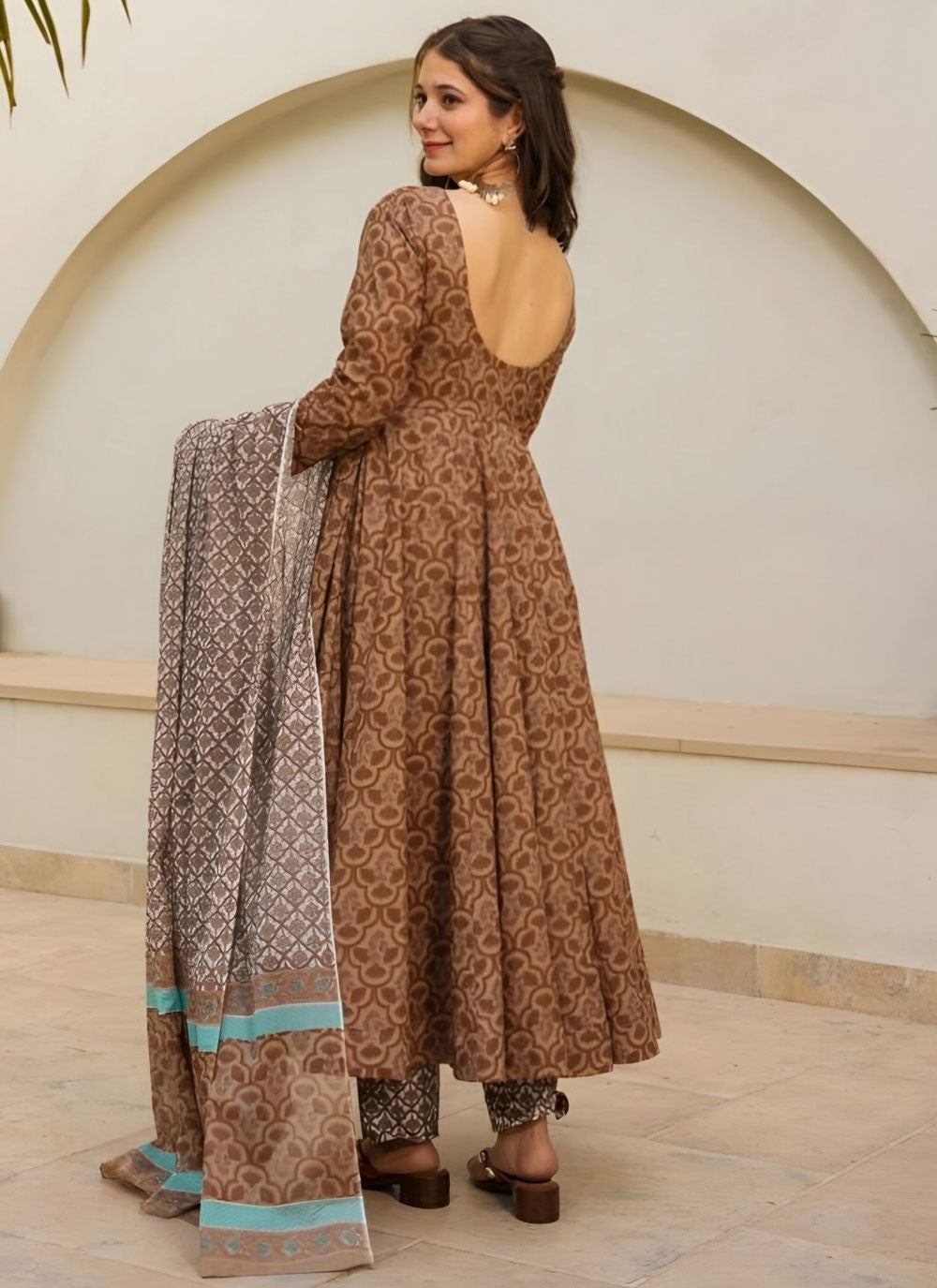 Salwar Suit Printed Brown Muslin T5401