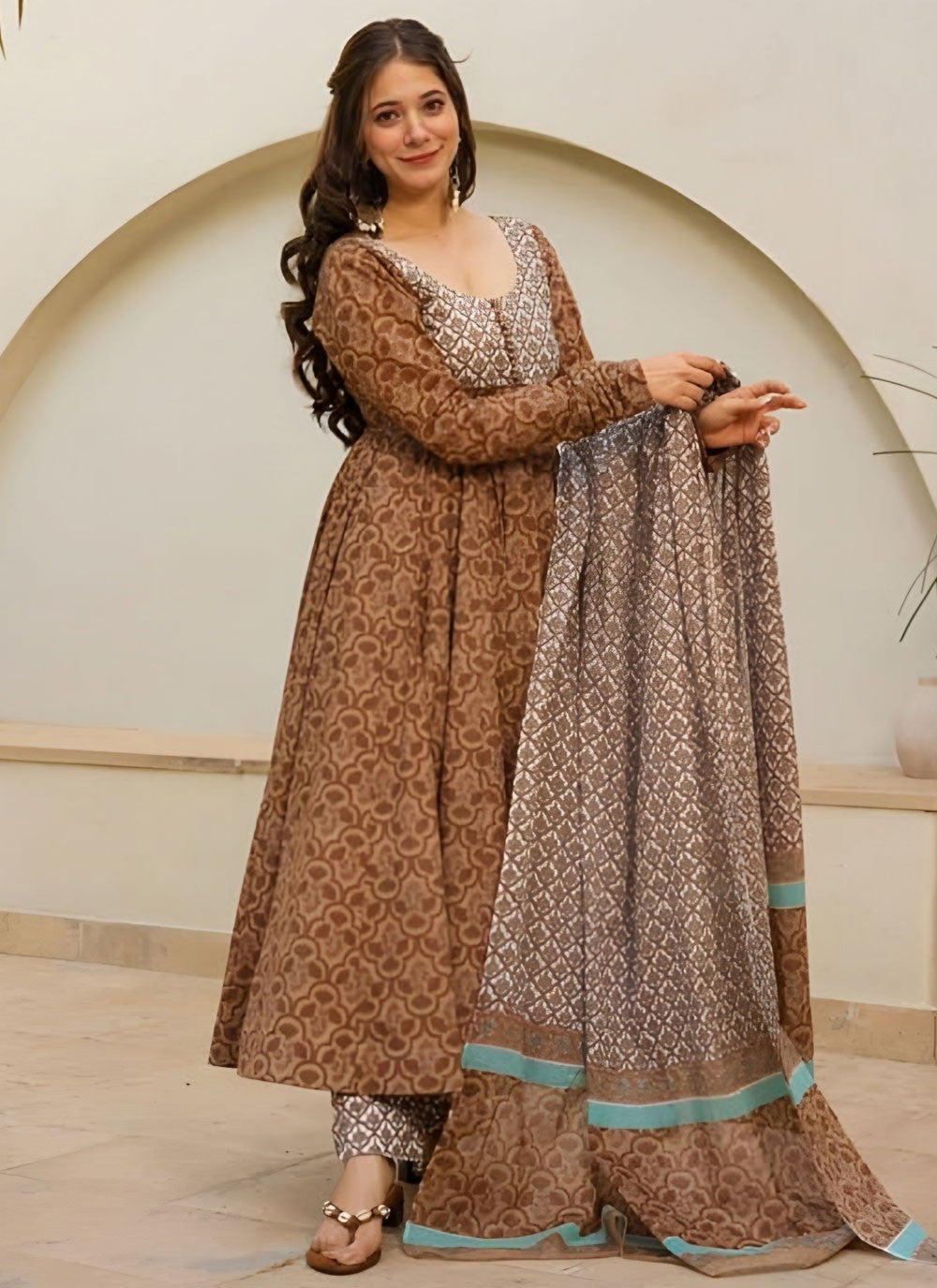 Salwar Suit Printed Brown Muslin T5401
