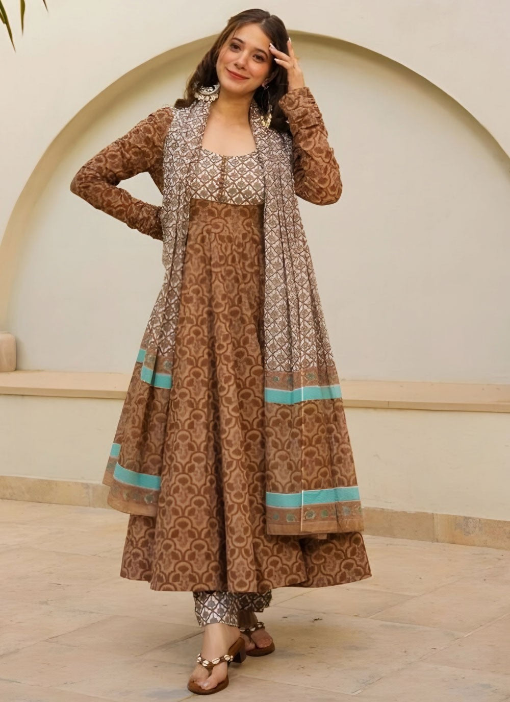 Salwar Suit Printed Brown Muslin T5401