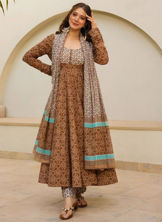 Salwar Suit Printed Brown Muslin T5401