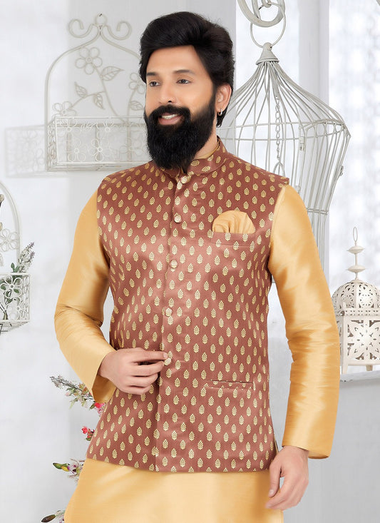 Printed Banarasi Silk Brown Nehru Jackets - M7494