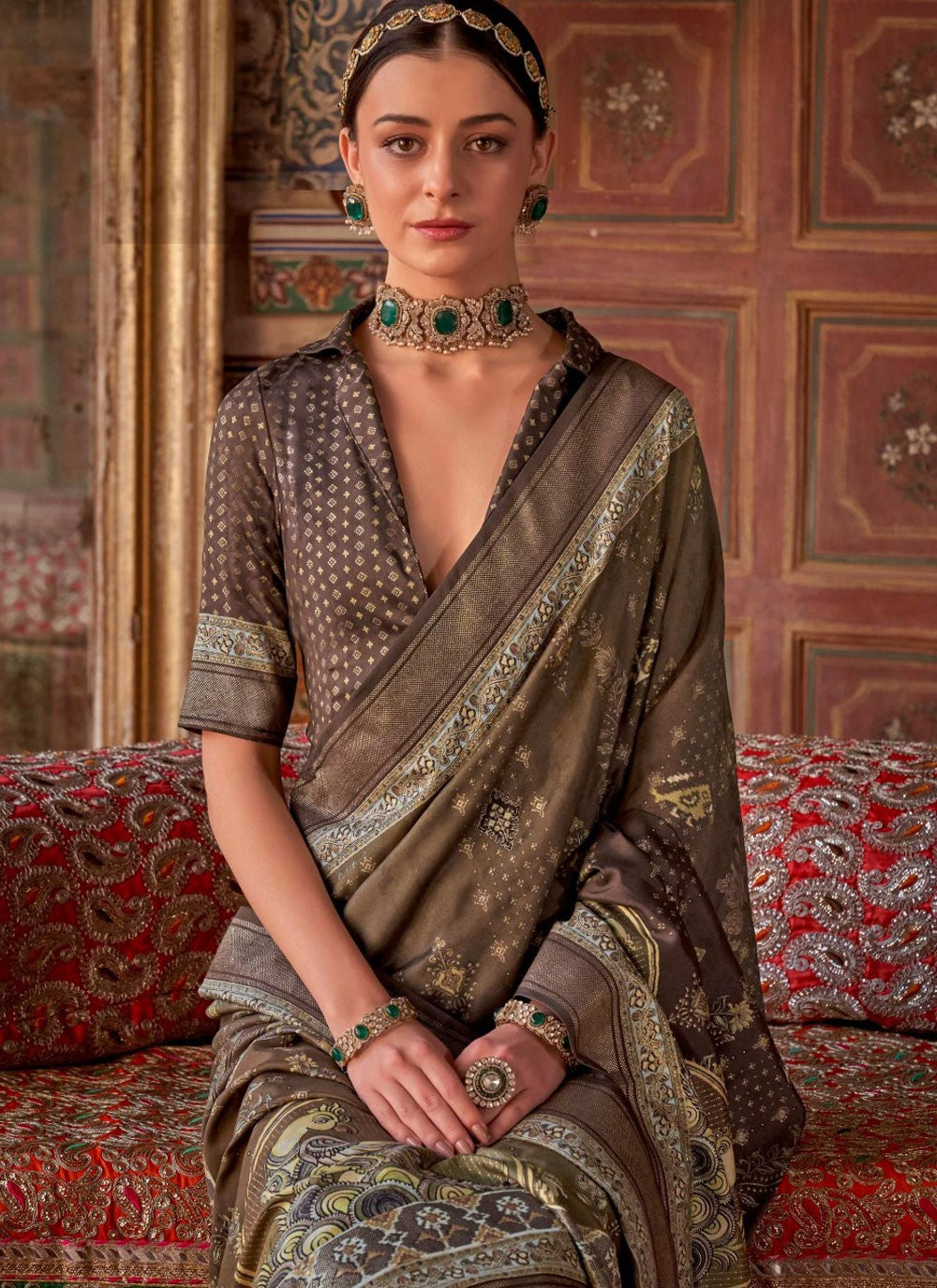 Contemporary Printed Brown Silk Saree S13694