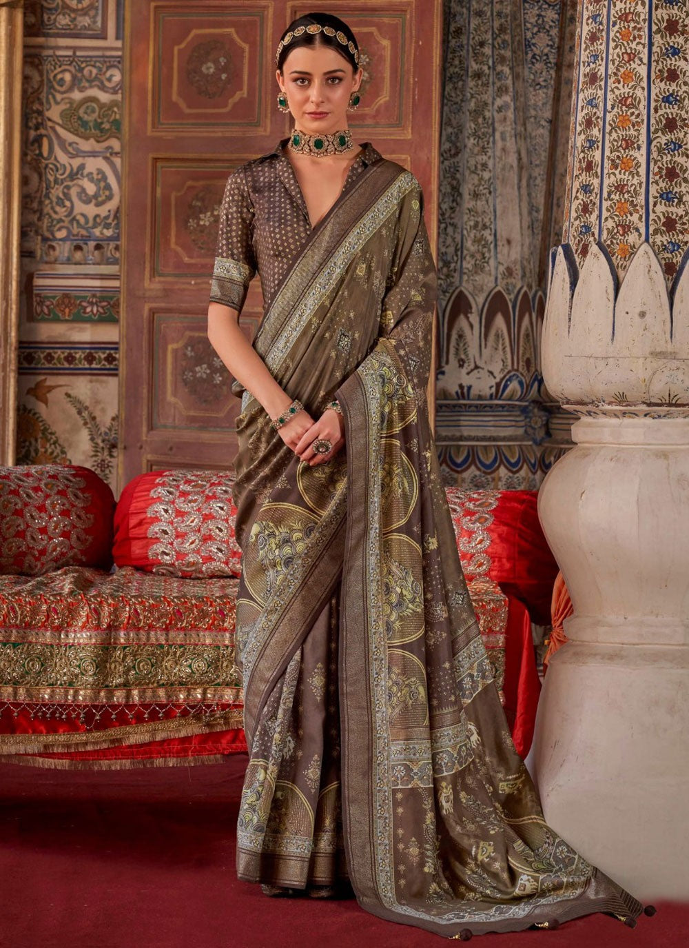 Contemporary Printed Brown Silk Saree S13694