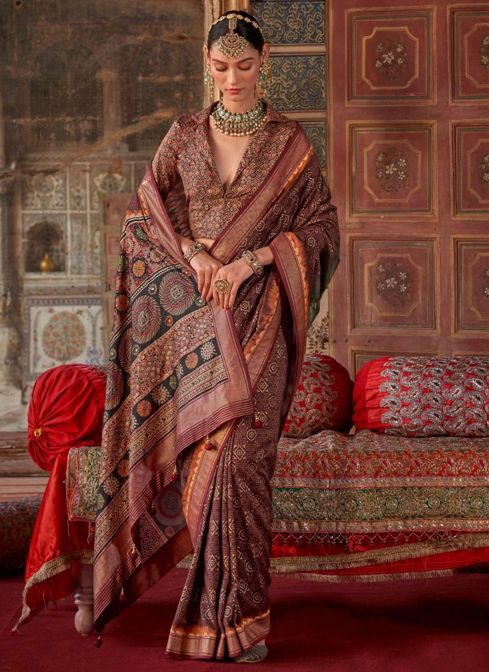 Designer Printed Brown Silk Saree S13690