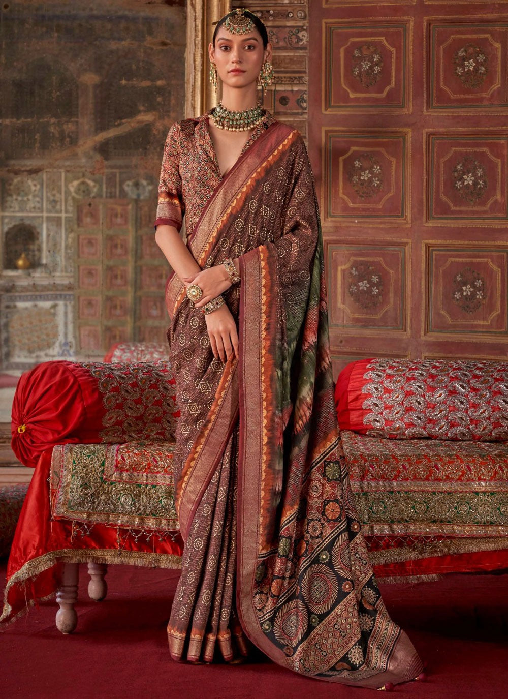 Designer Printed Brown Silk Saree S13690