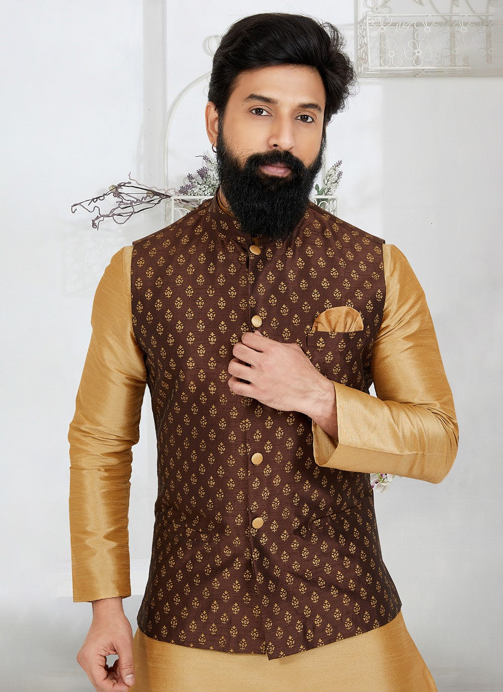 Printed Banarasi Silk Brown Nehru Jackets - M7478