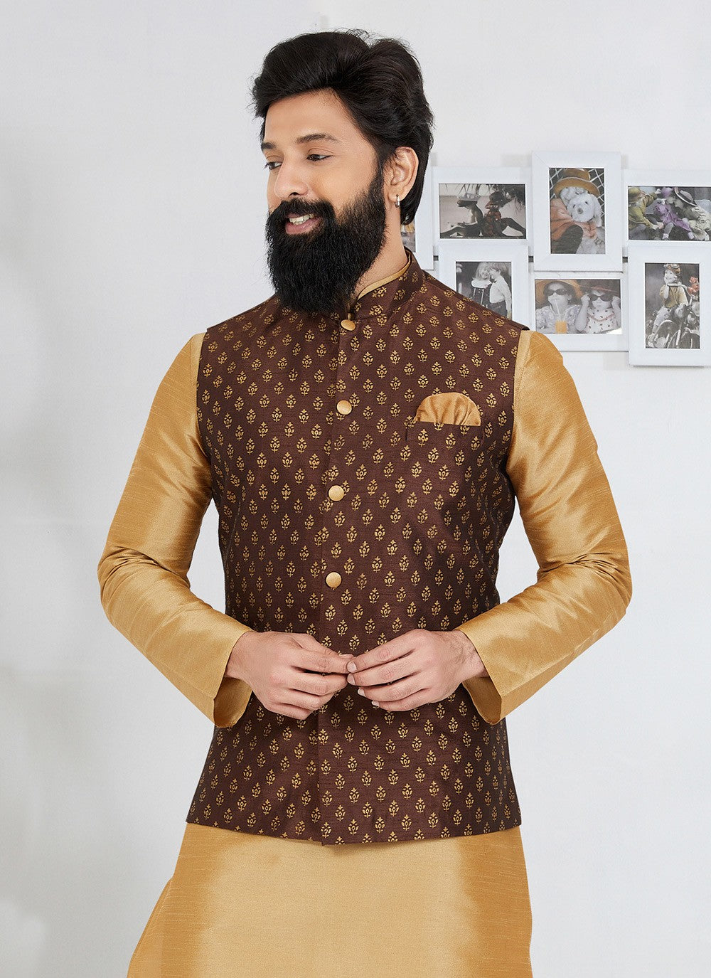Printed Banarasi Silk Brown Nehru Jackets - M7478