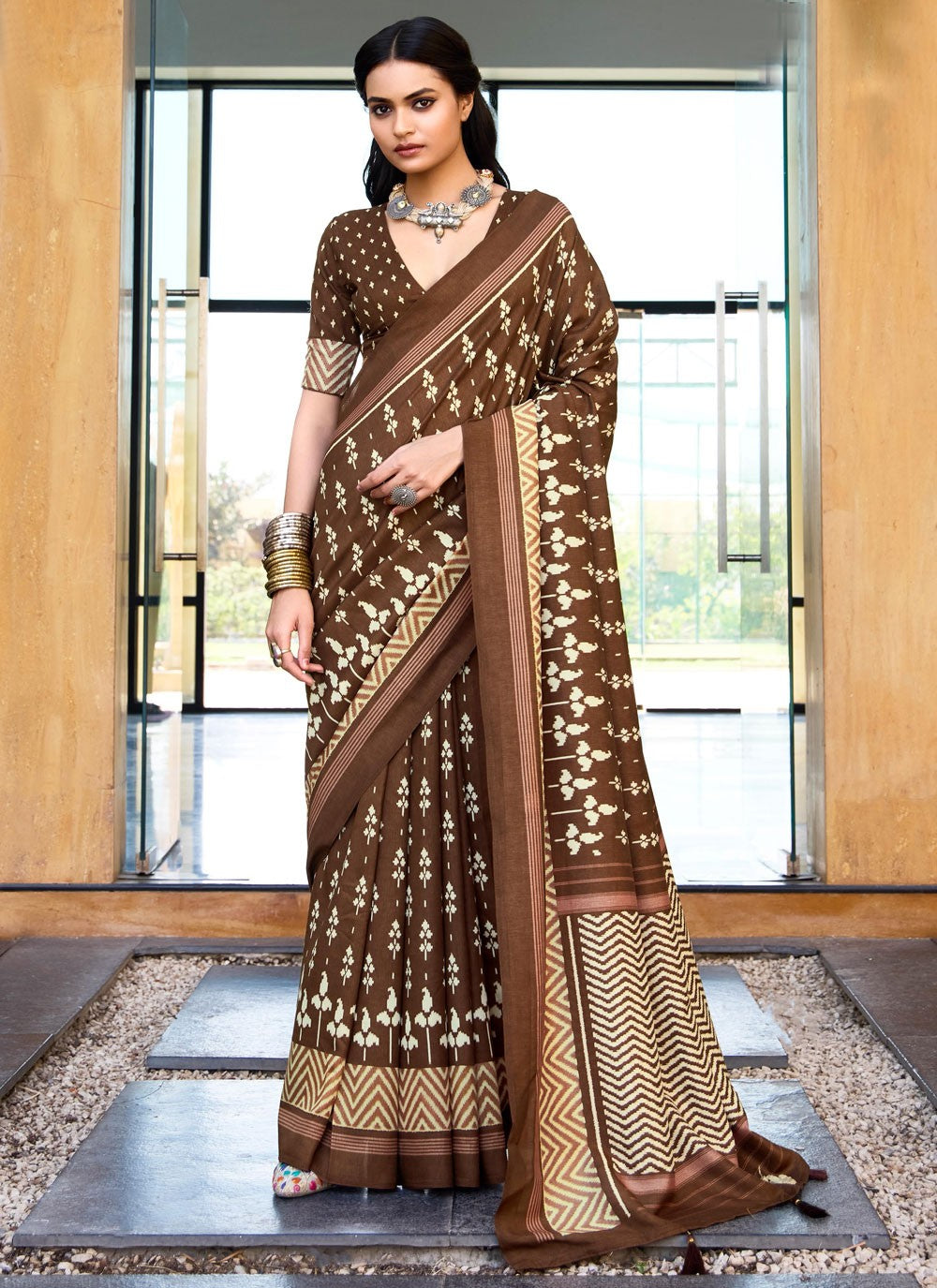 Brown Silk Trendy Saree Printed S17078