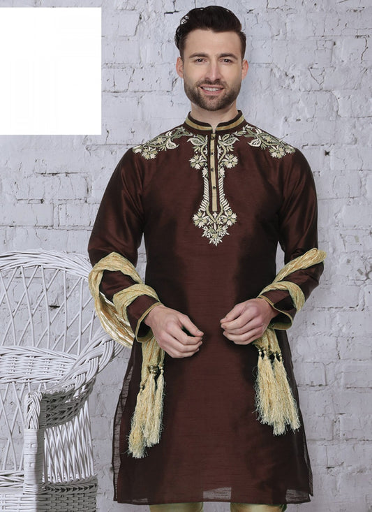 Embroidered Art Dupion Silk Brown Kurta - M1471