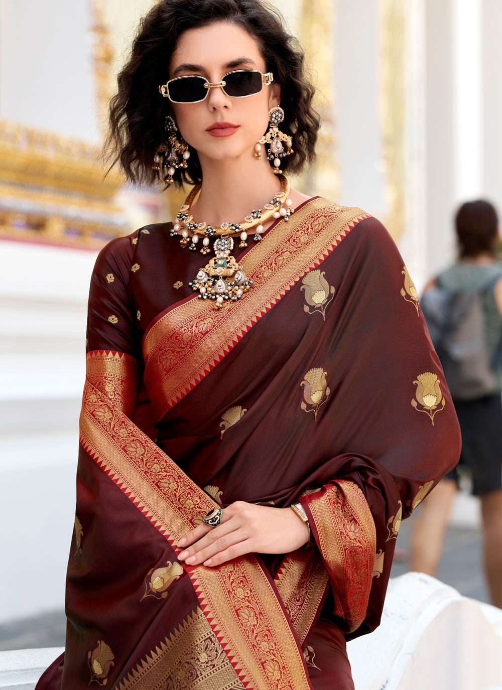 Weaving Zari Satin Silk Brown Saree S14438