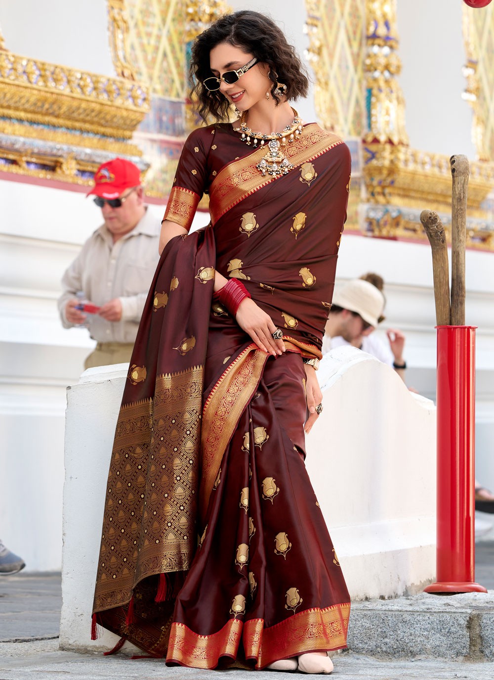 Weaving Zari Satin Silk Brown Saree S14438
