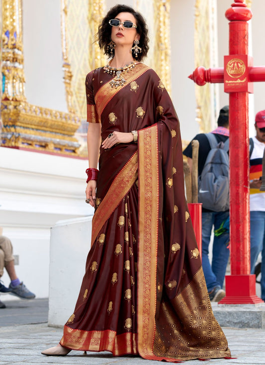 Weaving Zari Satin Silk Brown Saree S14438