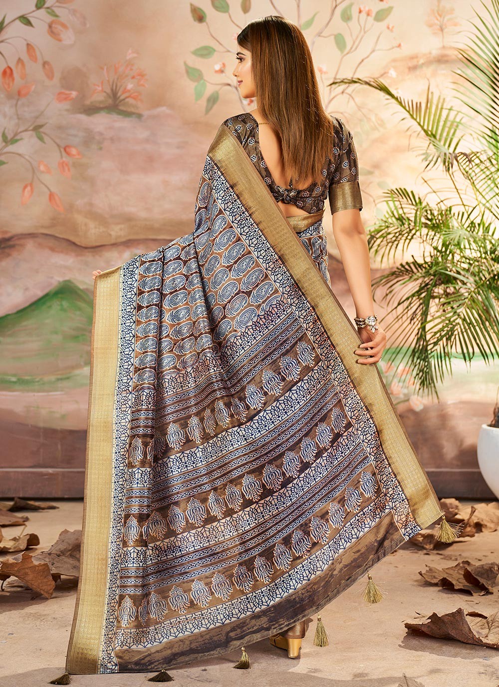 Printed Silk Brown Classic Saree S15373