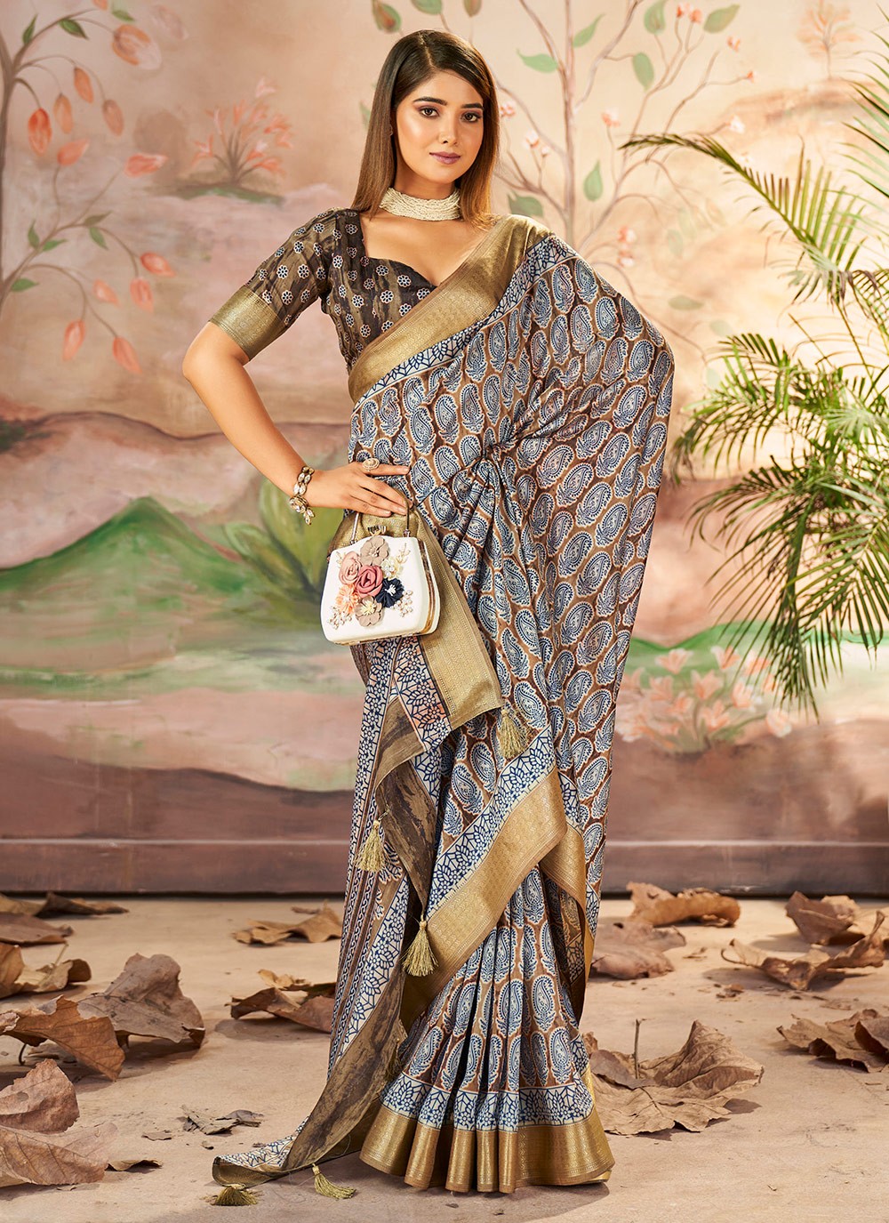 Printed Silk Brown Classic Saree S15373