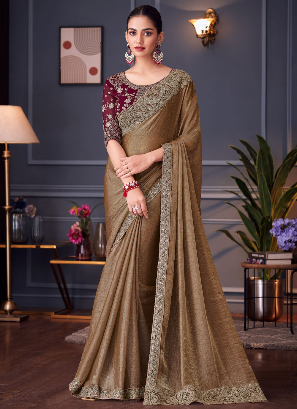Brown Silk Classic Saree Border Work, Cut Work, Embroidered, Zari S16682