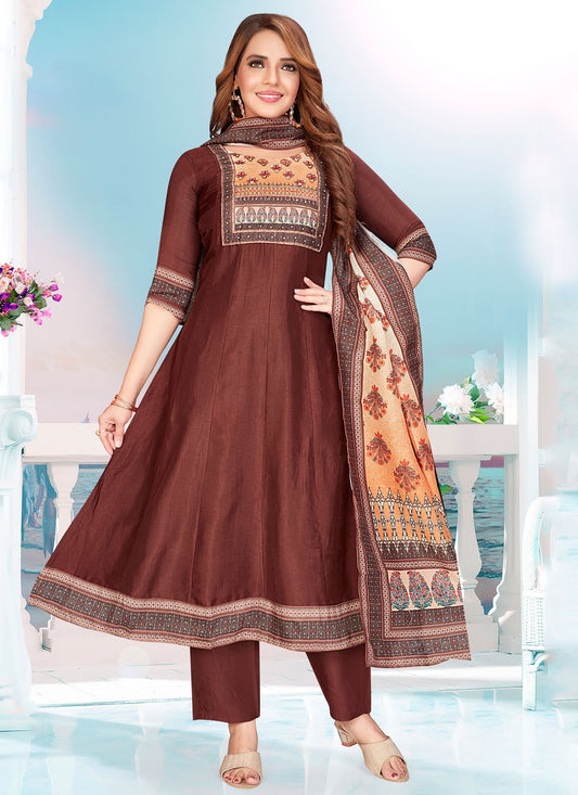 Salwar Suit Printed Brown Silk T5721