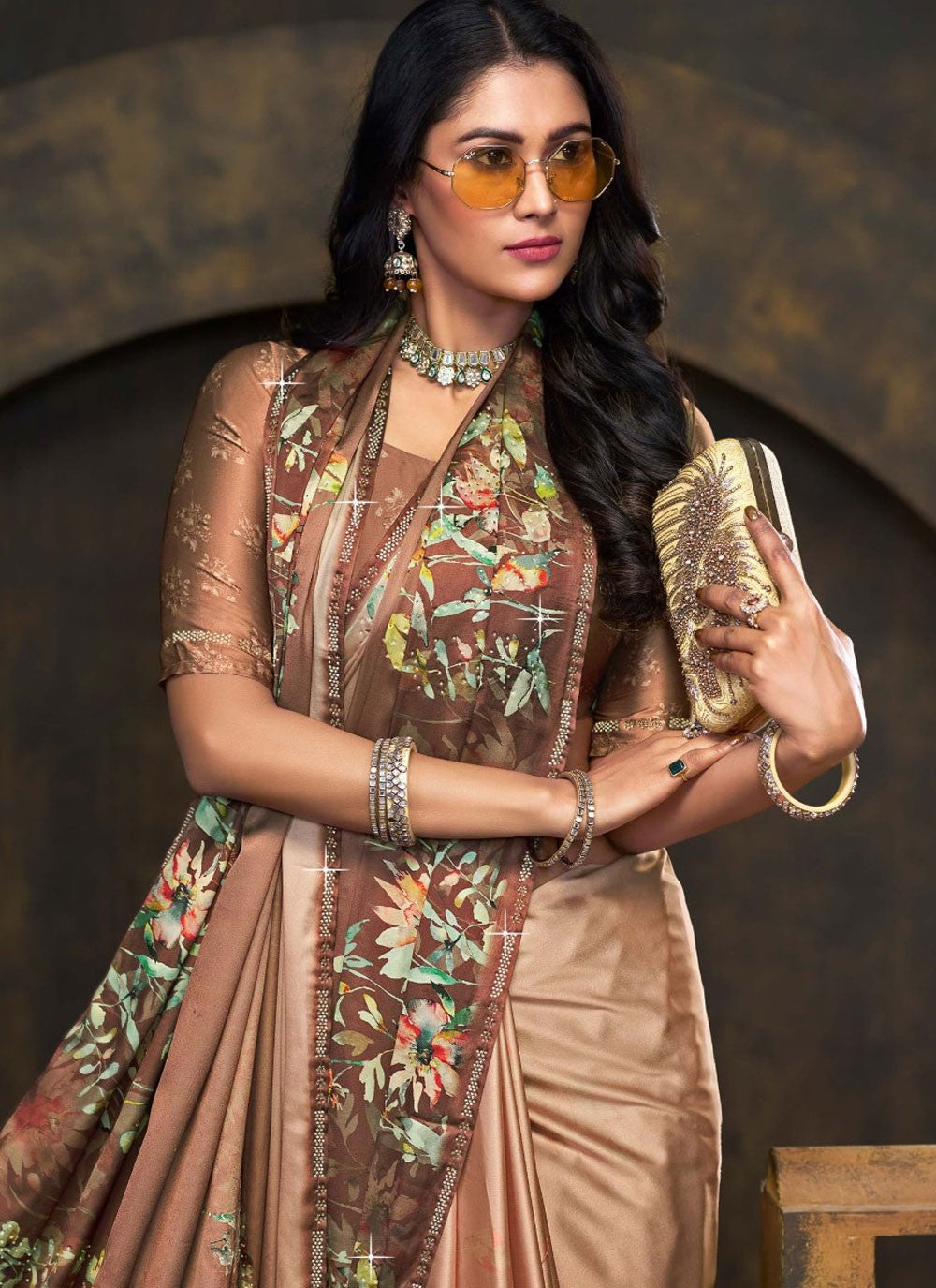 Designer Digital Print Brown Satin Silk Saree S13244