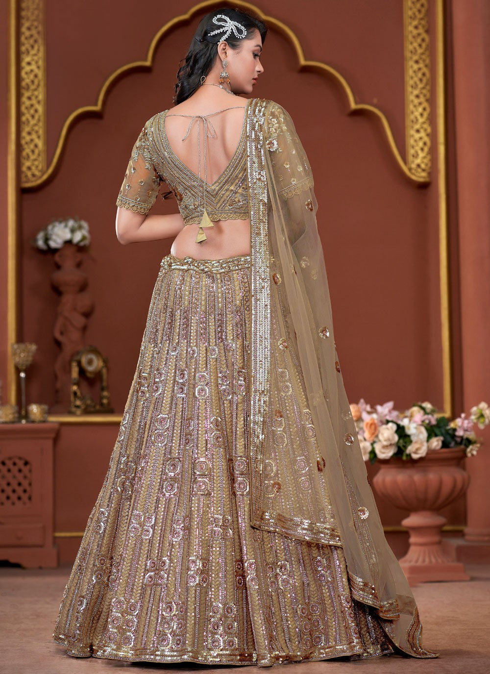 Embroidered Net Brown Lehenga - L3329