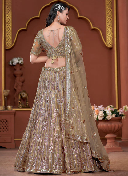 Embroidered Net Brown Lehenga - L3329