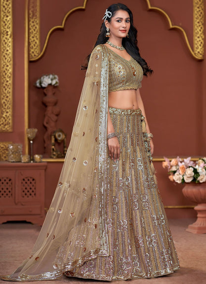 Embroidered Net Brown Lehenga - L3329
