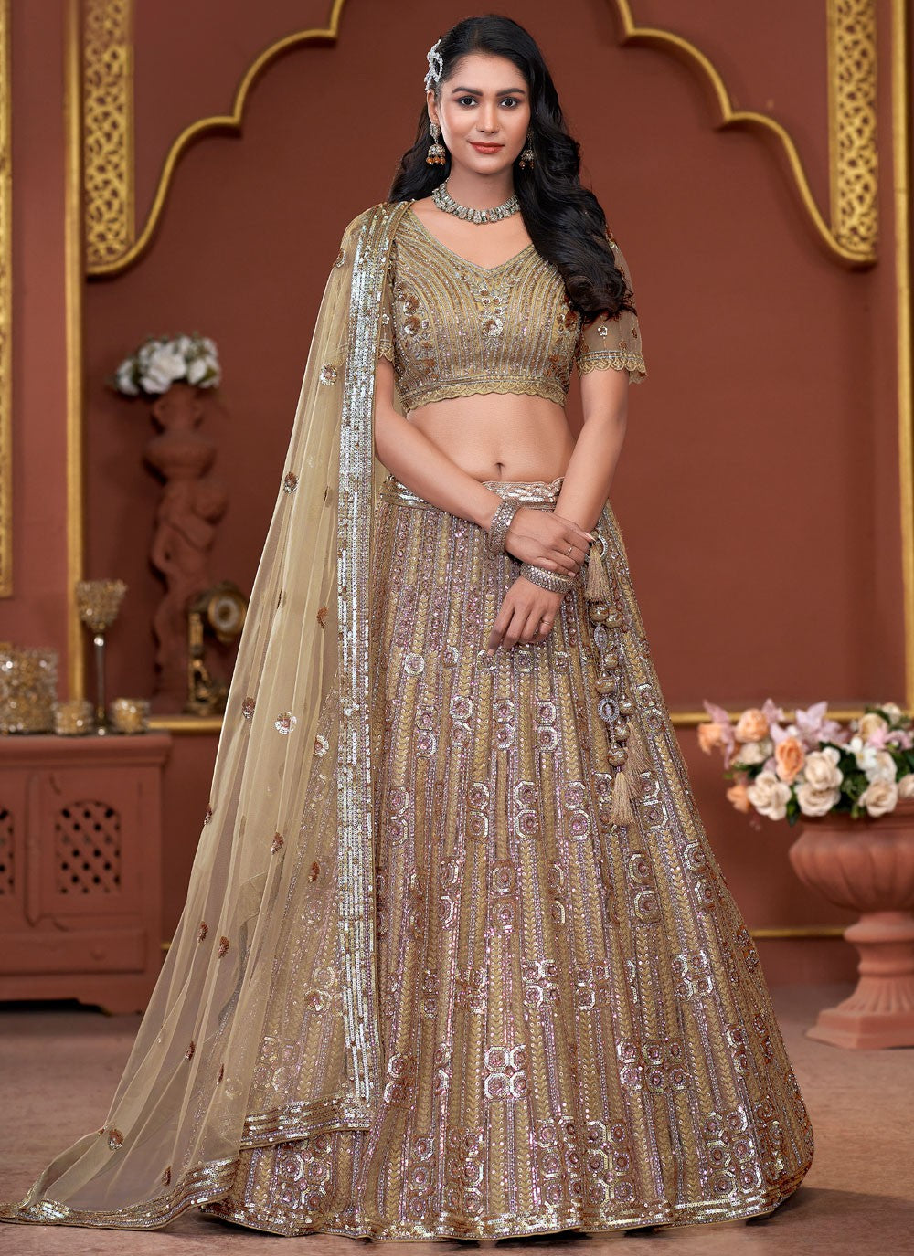 Embroidered Net Brown Lehenga - L3329