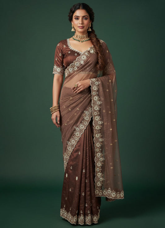 Brown Silk Traditional Saree Aari Work, Embroidered S20262