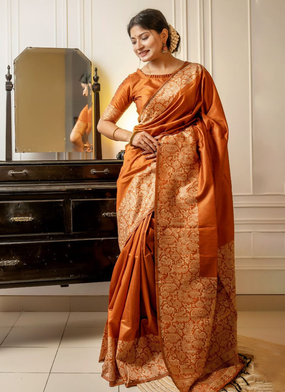 Trendy Border Work Handloom Silk, Raw Silk Saree - S3549