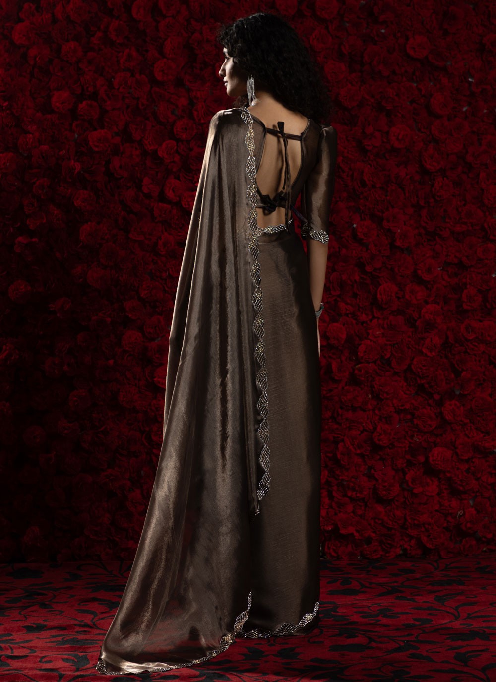 Brown Chiffon Designer Saree Hand Embroidery, Zircon S17799