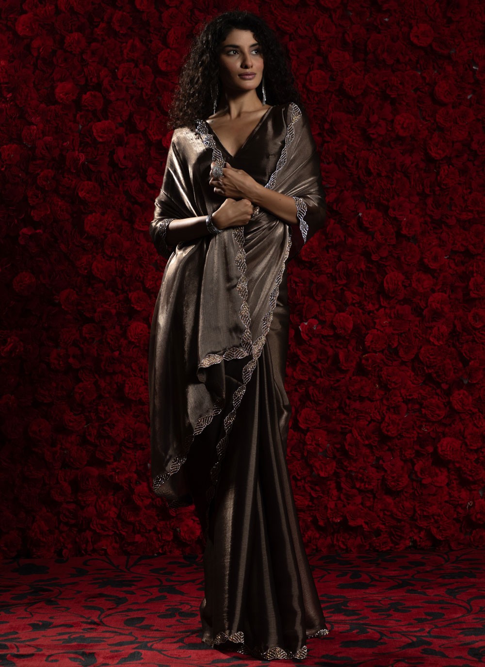 Brown Chiffon Designer Saree Hand Embroidery, Zircon S17799