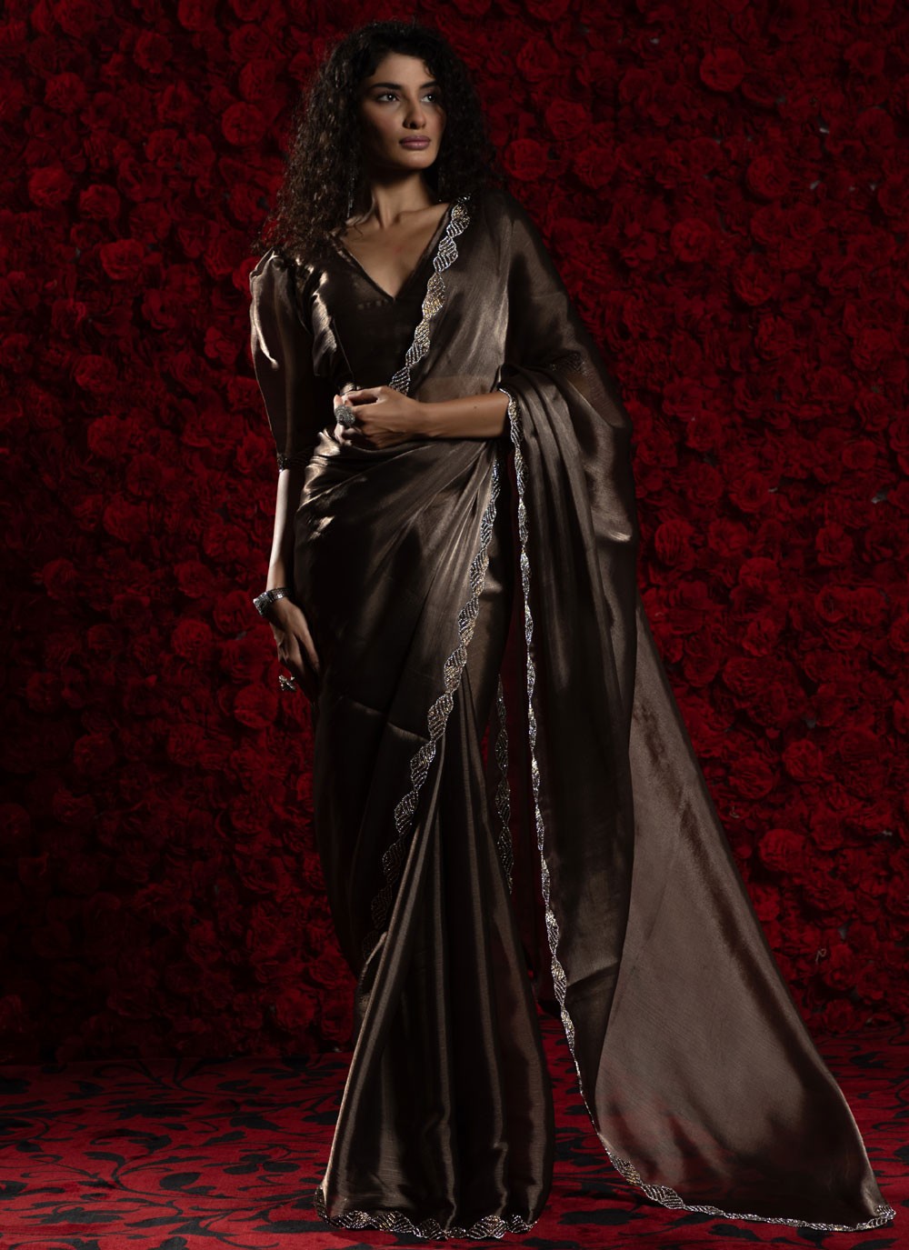 Brown Chiffon Designer Saree Hand Embroidery, Zircon S17799