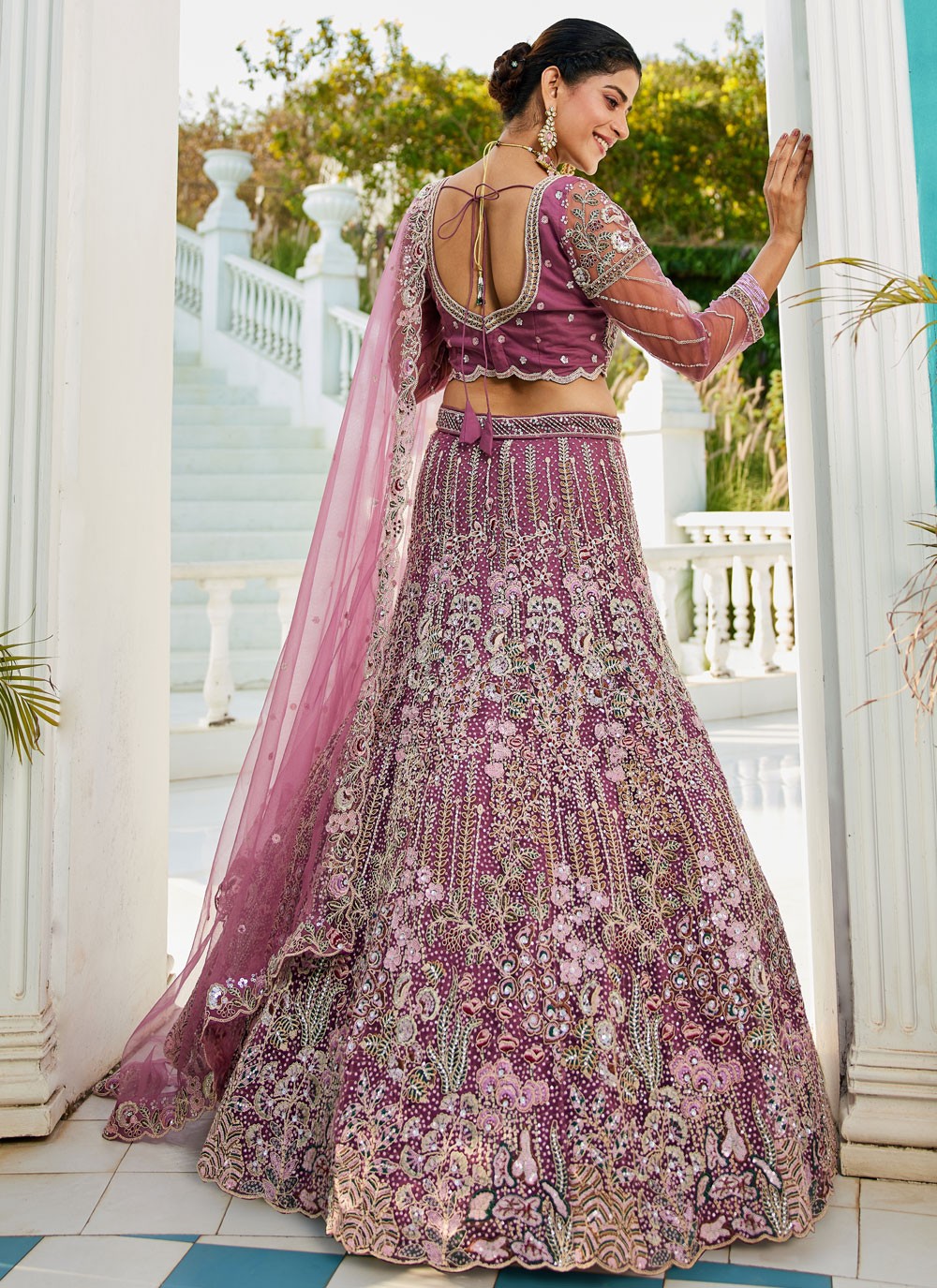 Embroidered Net Burgundy, Lavender Lehenga - L3367
