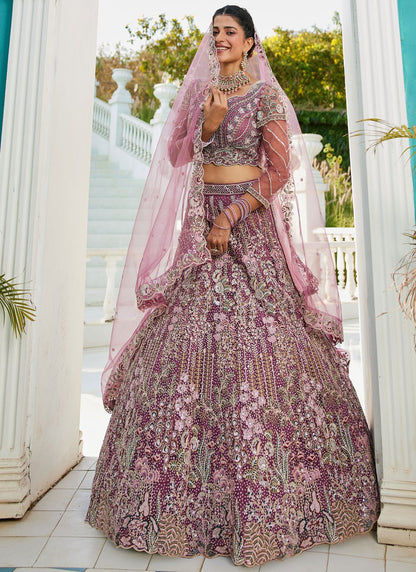 Embroidered Net Burgundy, Lavender Lehenga - L3367