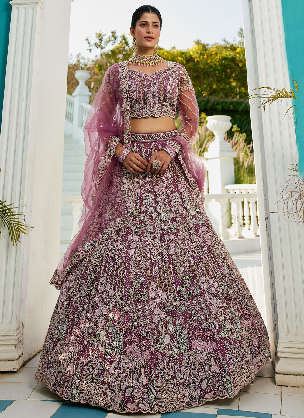 Embroidered Net Burgundy, Lavender Lehenga - L3367