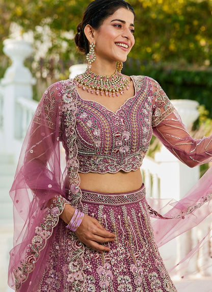 Embroidered Net Burgundy, Lavender Lehenga - L3367