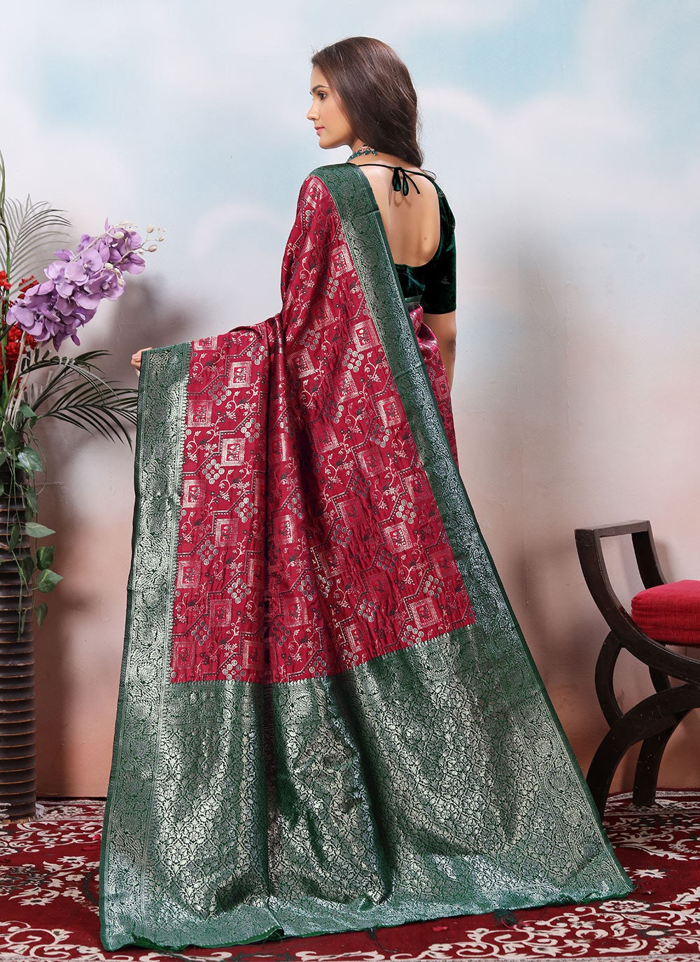 Weaving Zari Silk Burgundy Trendy Saree S15383