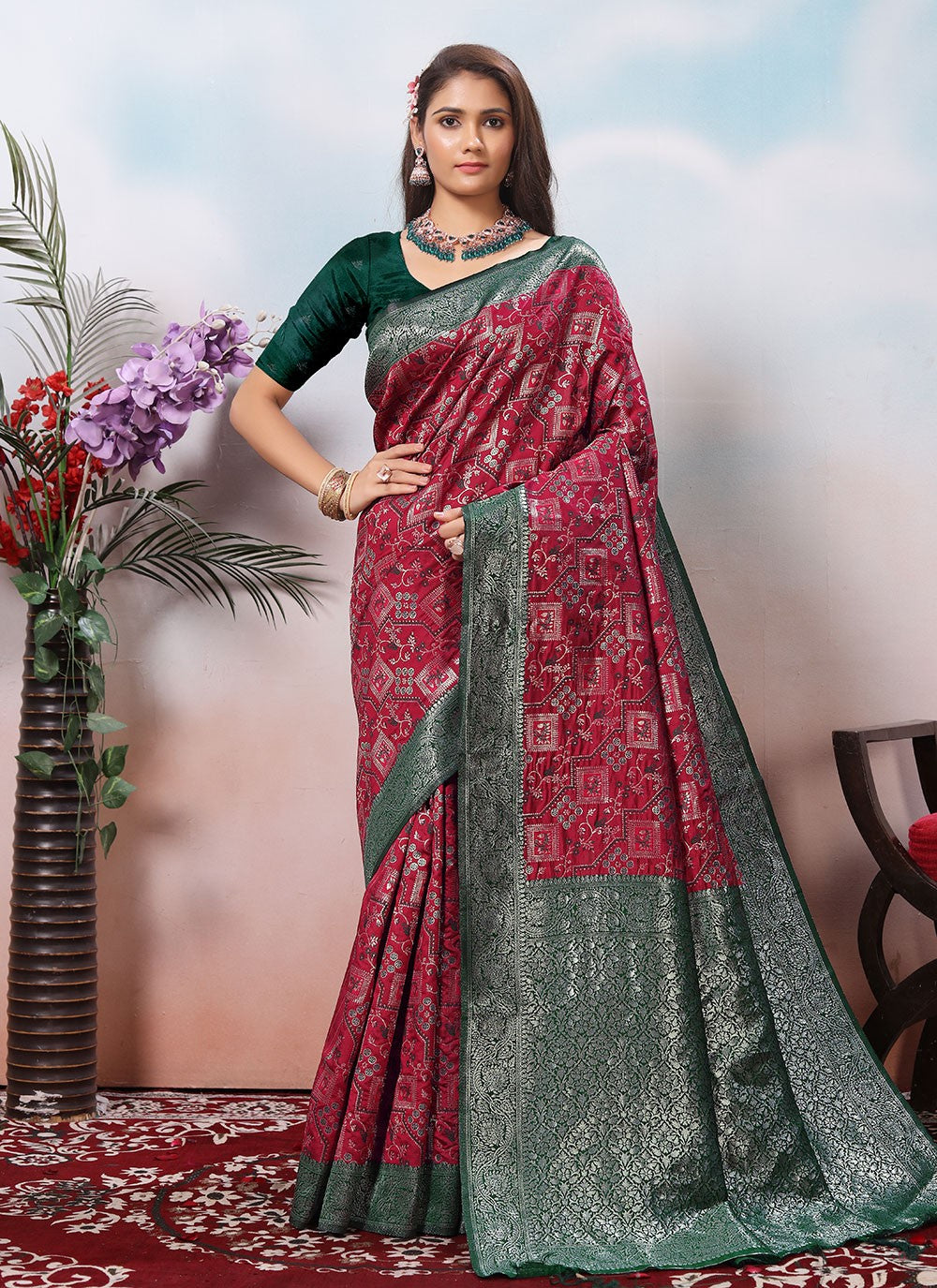 Weaving Zari Silk Burgundy Trendy Saree S15383