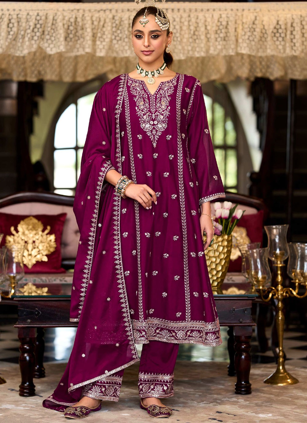 Pant Style Suit Embroidered Burgundy T7046
