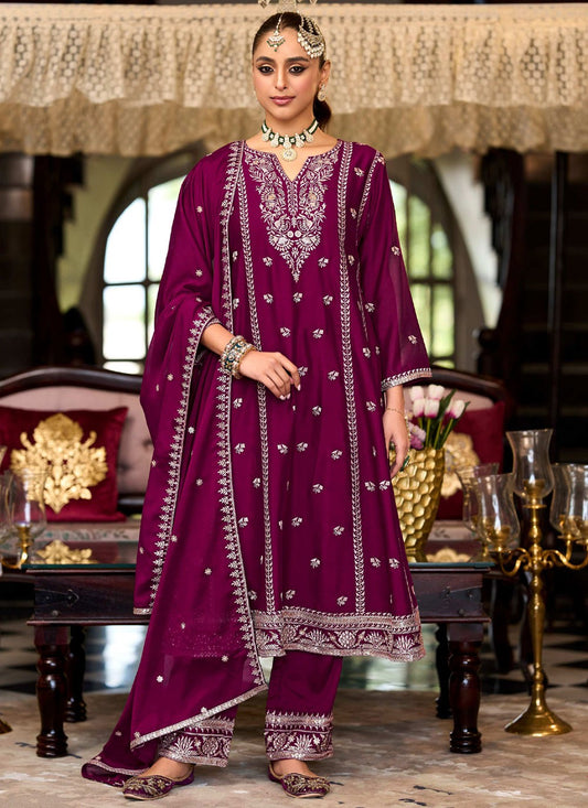 Pant Style Suit Embroidered Burgundy T7046