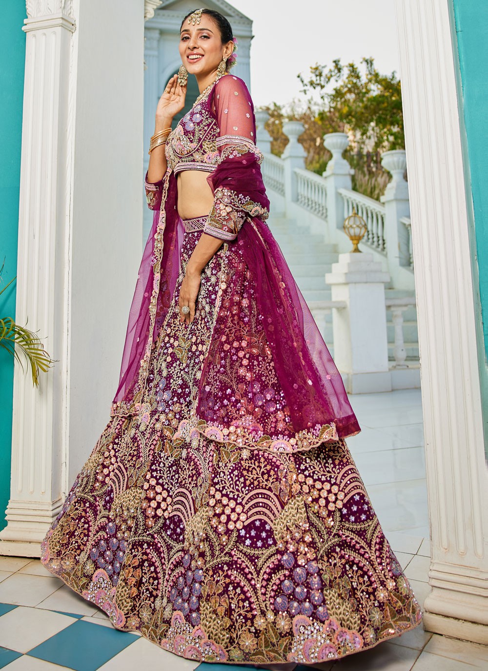 Embroidered Net Burgundy Lehenga - L3361